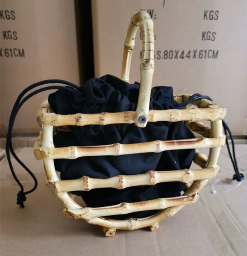Handmade tassel bamboo knot bag water bucket bag semi-circular bamboo basket handbag for women - V.I.P Digital Presence