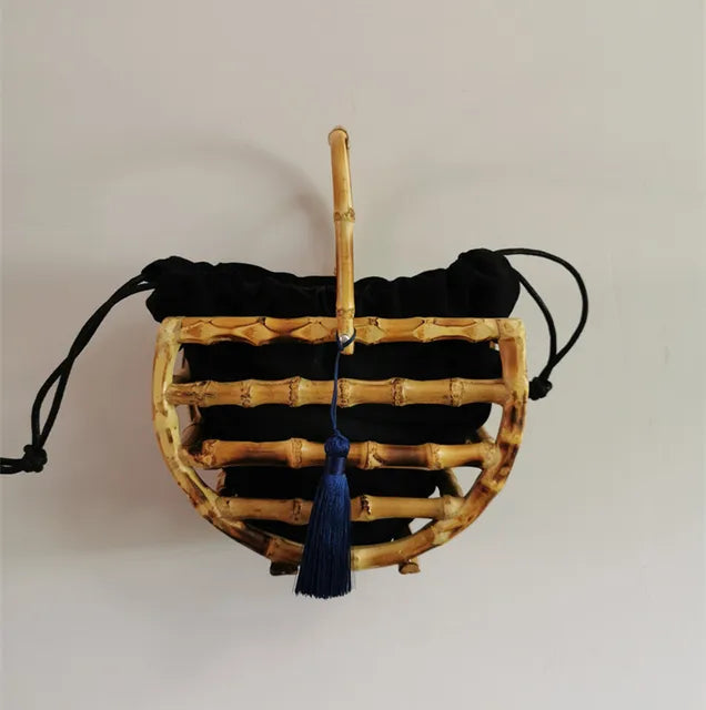 Handmade tassel bamboo knot bag water bucket bag semi-circular bamboo basket handbag for women - V.I.P Digital Presence