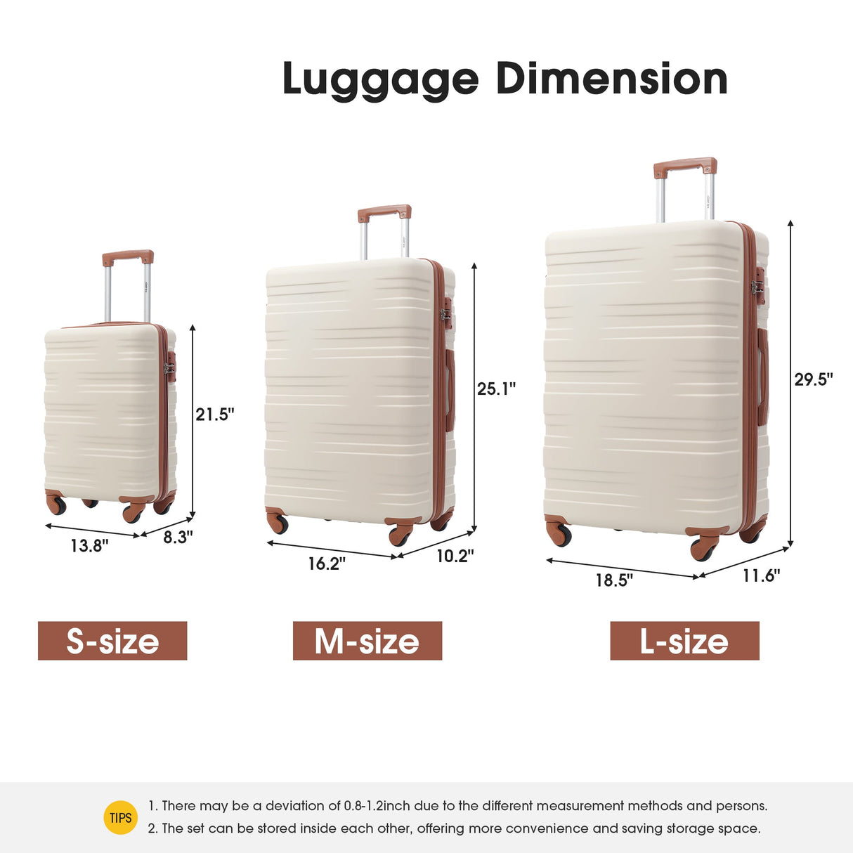 Hardshell Luggage Sets 3 Pcs Spinner Suitcase with TSA Lock Lightweight 20''24''28''  Brown+White + ABS - V.I.P Digital Presence