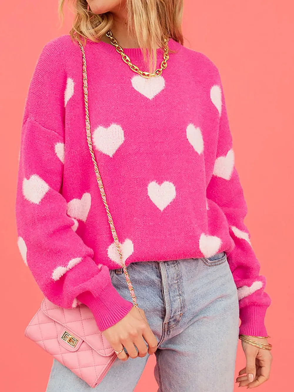 Heart Round Neck Dropped Shoulder Sweater - V.I.P Digital Presence
