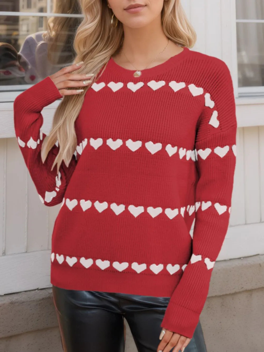 Heart Round Neck Long Sleeve Sweater - V.I.P Digital Presence