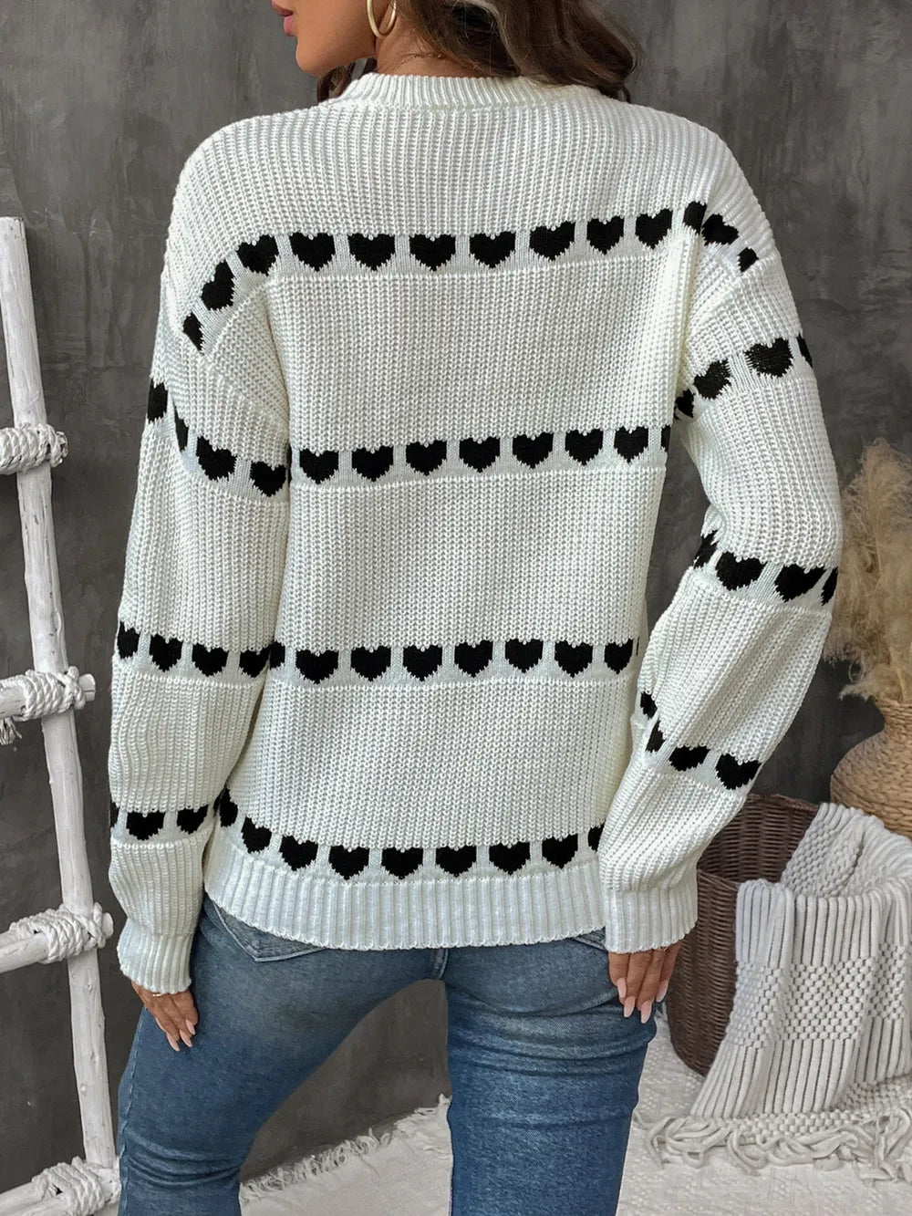 Heart Round Neck Long Sleeve Sweater - V.I.P Digital Presence