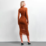 High neck mesh spliced long sleeved sexy hip hugging pleated dress - V.I.P Digital Presence