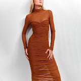 High neck mesh spliced long sleeved sexy hip hugging pleated dress - V.I.P Digital Presence