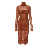 High neck mesh spliced long sleeved sexy hip hugging pleated dress - V.I.P Digital Presence