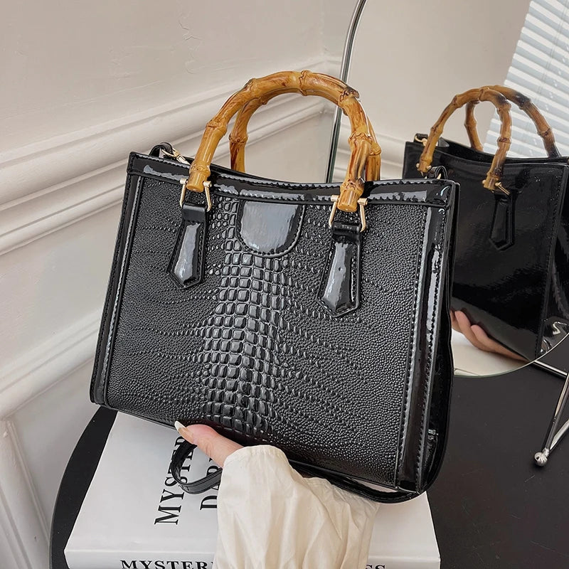 High Quality Leather Shoulder Bag For Women Luxury Alligator Handbag Designer Women Bag Retro Bamboo Handle Tote Bag Female - V.I.P Digital Presence