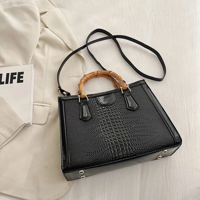 High Quality Leather Shoulder Bag For Women Luxury Alligator Handbag Designer Women Bag Retro Bamboo Handle Tote Bag Female - V.I.P Digital Presence