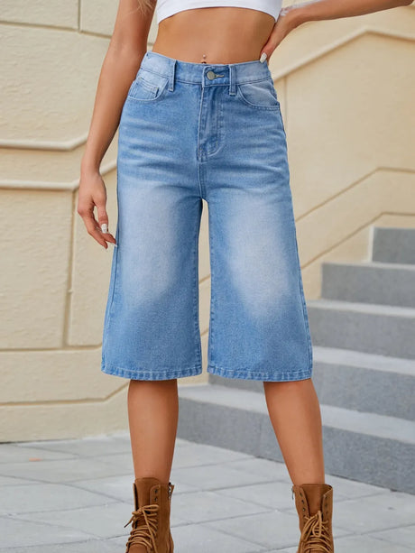 High Waist Denim Shorts with Pockets - V.I.P Digital Presence