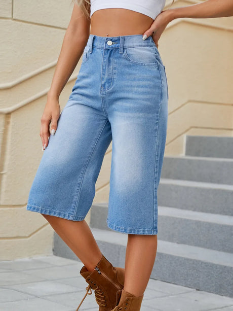 High Waist Denim Shorts with Pockets - V.I.P Digital Presence