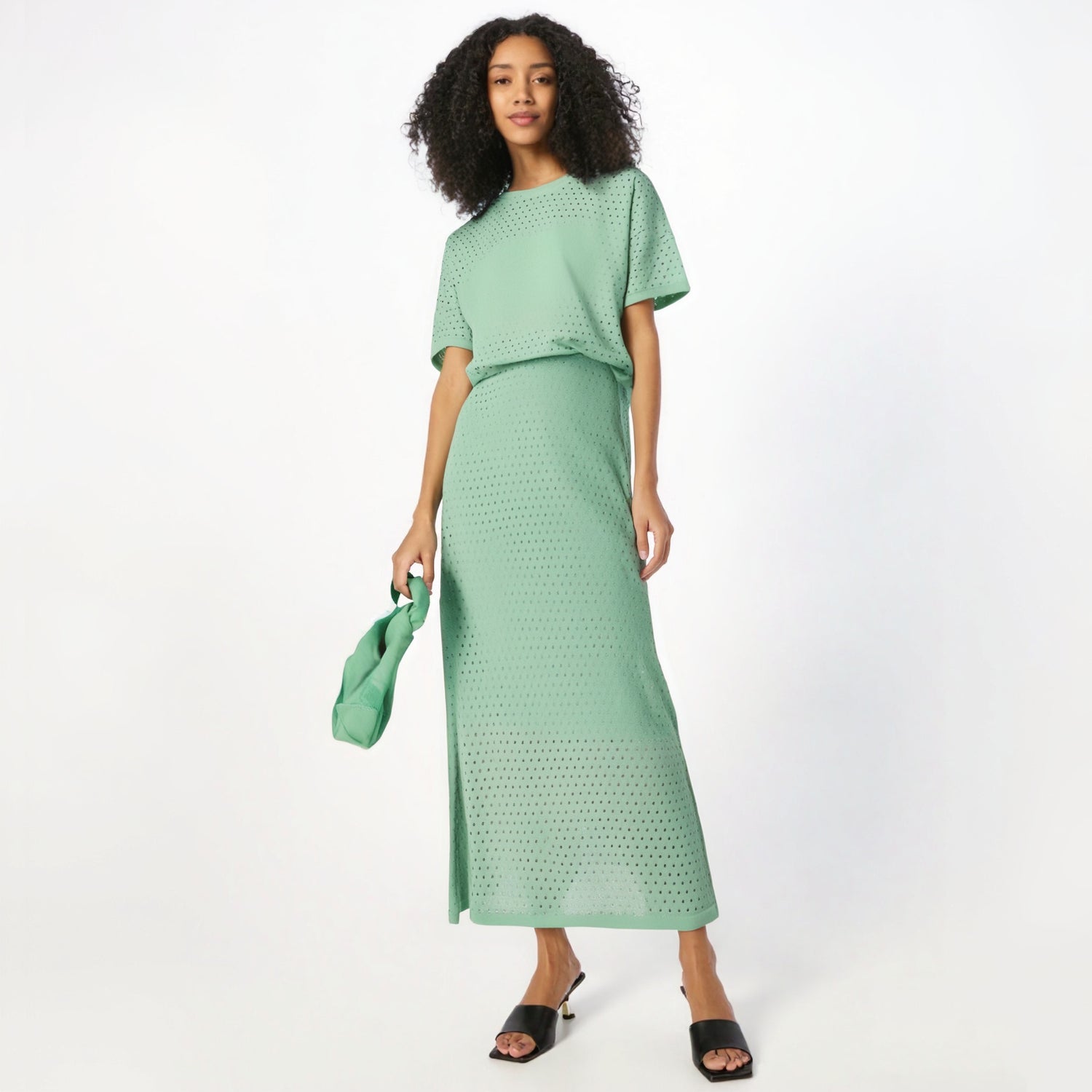 Hollow out short sleeved knitted top half skirt two-piece set women's solid color casual set - V.I.P Digital Presence