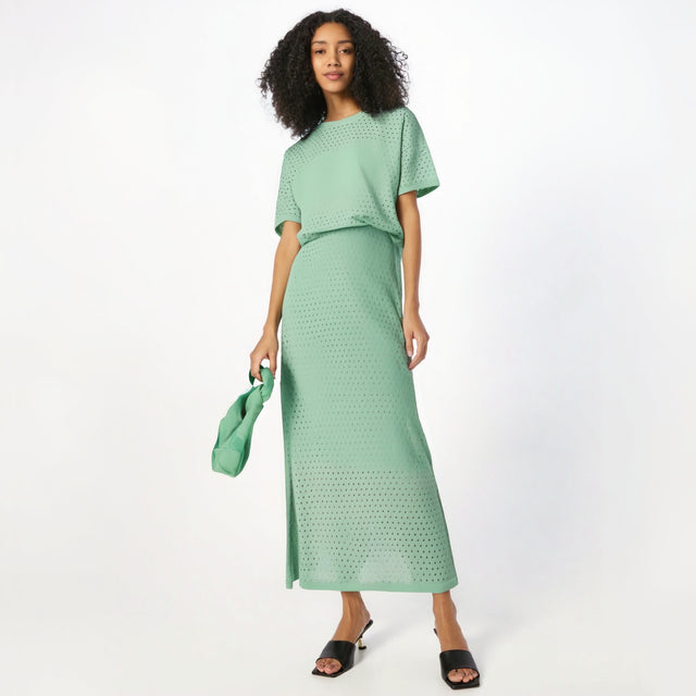 Hollow out short sleeved knitted top half skirt two-piece set women's solid color casual set - V.I.P Digital Presence