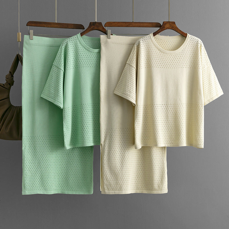 Hollow out short sleeved knitted top half skirt two-piece set women's solid color casual set - V.I.P Digital Presence