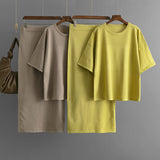 Hollow out short sleeved knitted top half skirt two-piece set women's solid color casual set - V.I.P Digital Presence