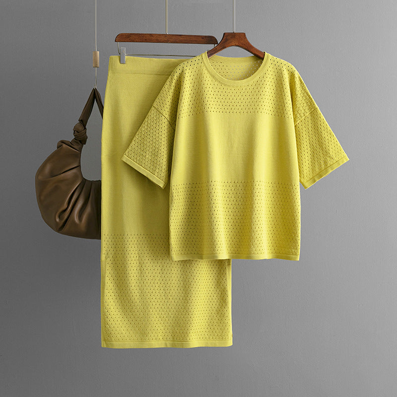 Hollow out short sleeved knitted top half skirt two-piece set women's solid color casual set - V.I.P Digital Presence