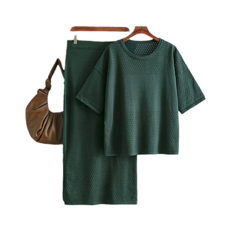 Hollow out short sleeved knitted top half skirt two-piece set women's solid color casual set - V.I.P Digital Presence