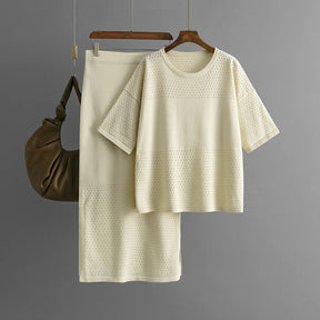 Hollow out short sleeved knitted top half skirt two-piece set women's solid color casual set - V.I.P Digital Presence