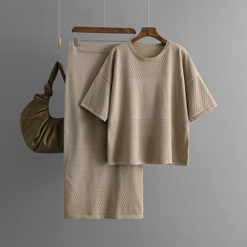 Hollow out short sleeved knitted top half skirt two-piece set women's solid color casual set - V.I.P Digital Presence