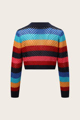 Hollow out short women's top knitted cardigan tie contrasting color stripes - V.I.P Digital Presence