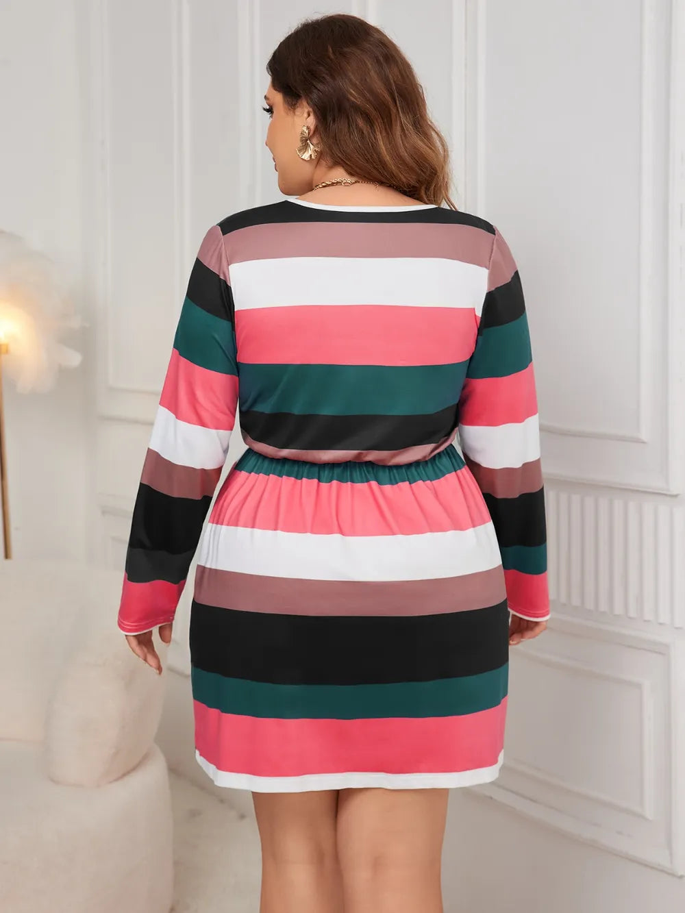 Honey Plus Size Striped V-Neck Long Sleeve Mini Dress - V.I.P Digital Presence