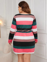 Honey Plus Size Striped V-Neck Long Sleeve Mini Dress - V.I.P Digital Presence