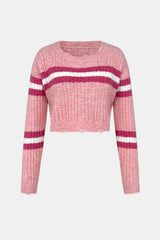 Hooded sweater base knit sweater short top contrasting color striped women - V.I.P Digital Presence