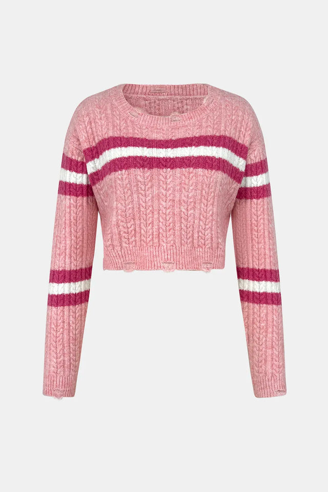 Hooded sweater base knit sweater short top contrasting color striped women - V.I.P Digital Presence