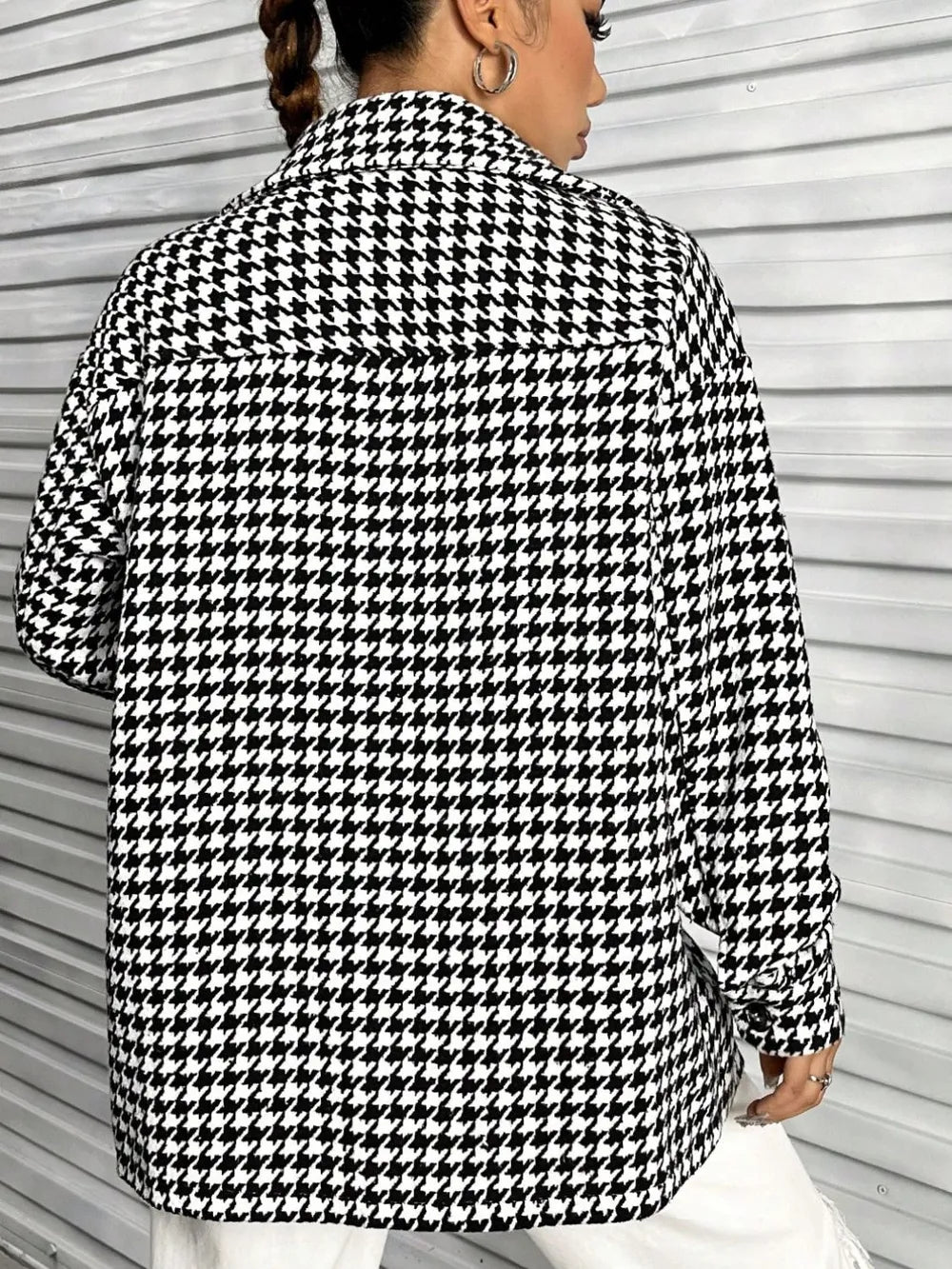 Houndstooth Button Down Long Sleeve Shacket - V.I.P Digital Presence