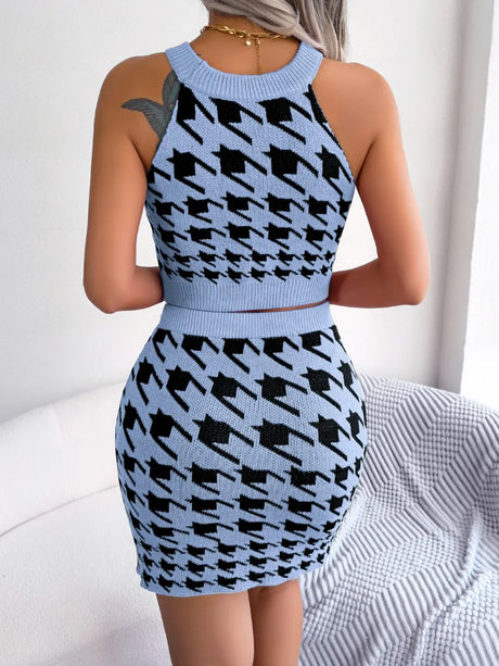 Houndstooth Sleeveless Top and Skirt Sweater Set - V.I.P Digital Presence