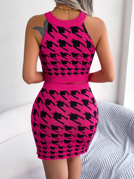 Houndstooth Sleeveless Top and Skirt Sweater Set - V.I.P Digital Presence