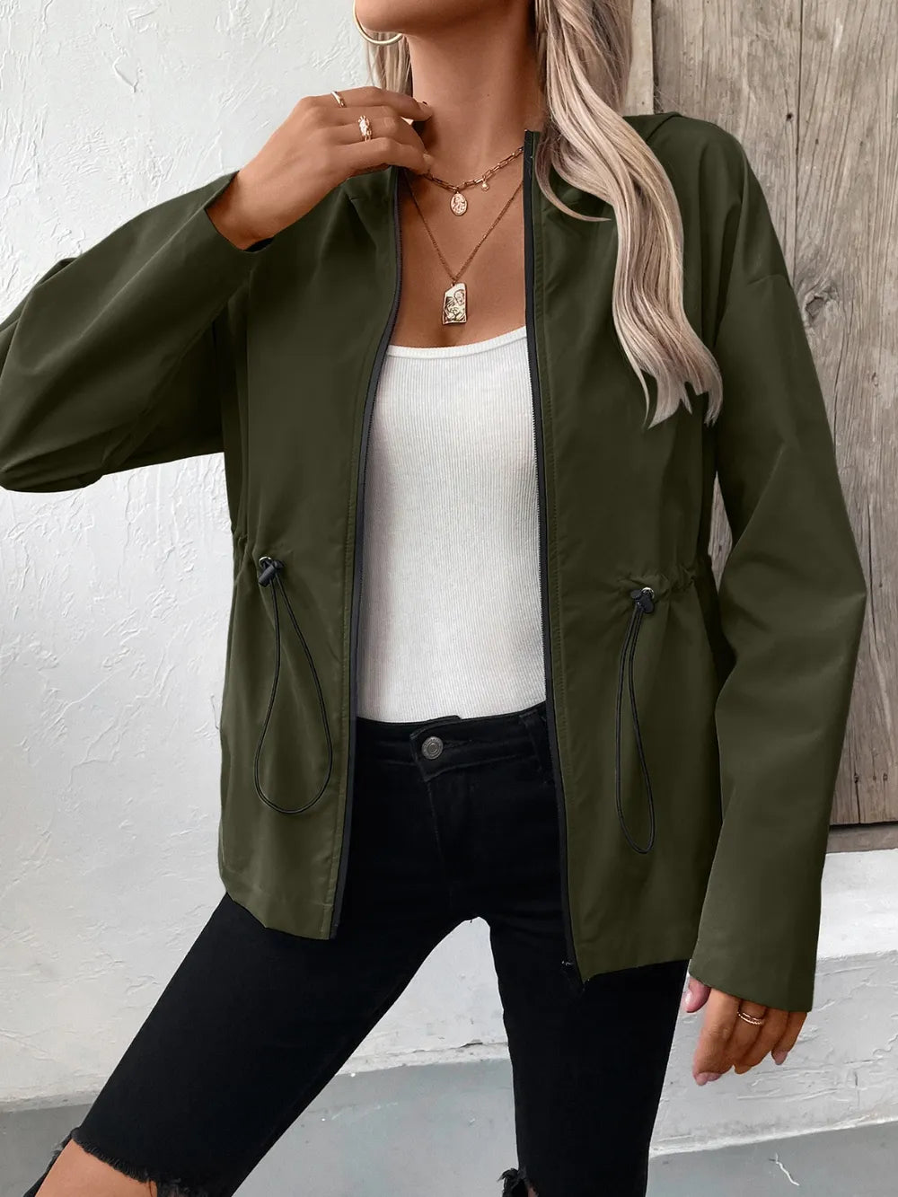 Ivy Lane Drawstring Zip Up Hooded Jacket - V.I.P Digital Presence