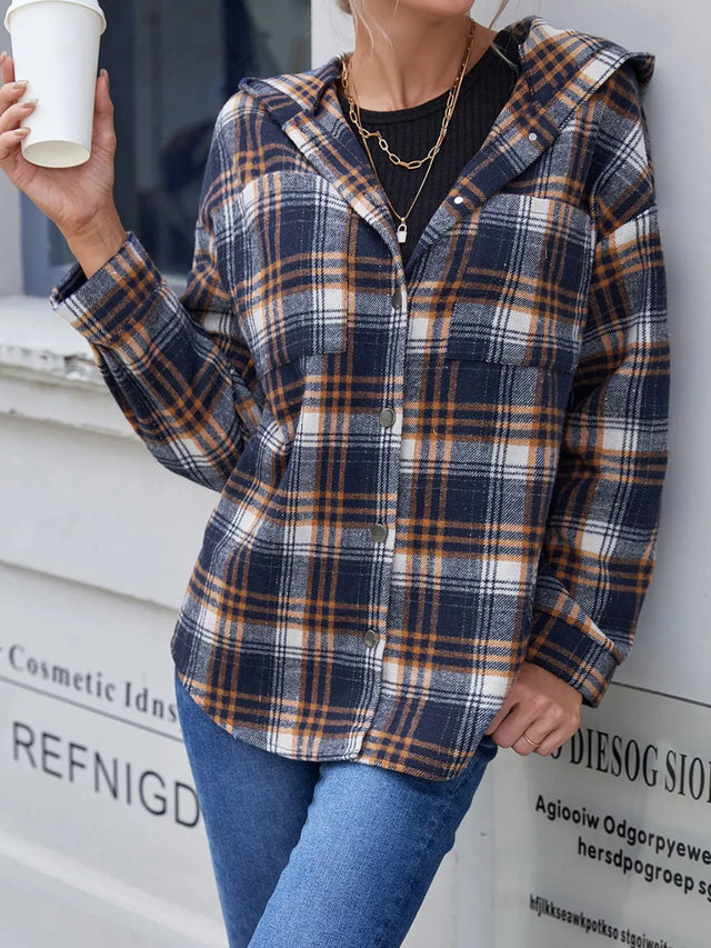 Ivy Lane Plaid Button Up Long Sleeve Hooded Jacket - V.I.P Digital Presence
