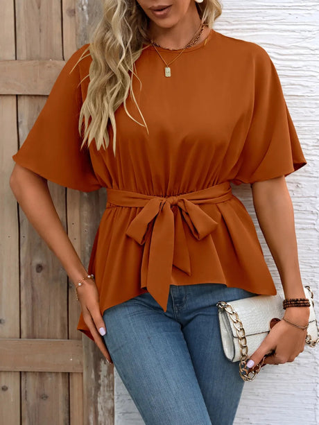 Ivy Lane Tied Round Neck Half Sleeve Blouse - V.I.P Digital Presence