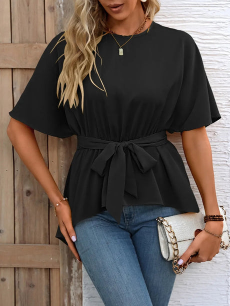 Ivy Lane Tied Round Neck Half Sleeve Blouse - V.I.P Digital Presence