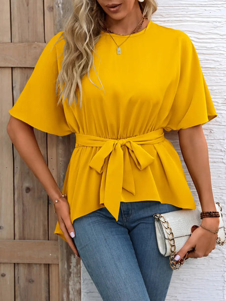 Ivy Lane Tied Round Neck Half Sleeve Blouse - V.I.P Digital Presence