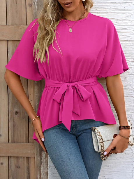 Ivy Lane Tied Round Neck Half Sleeve Blouse - V.I.P Digital Presence