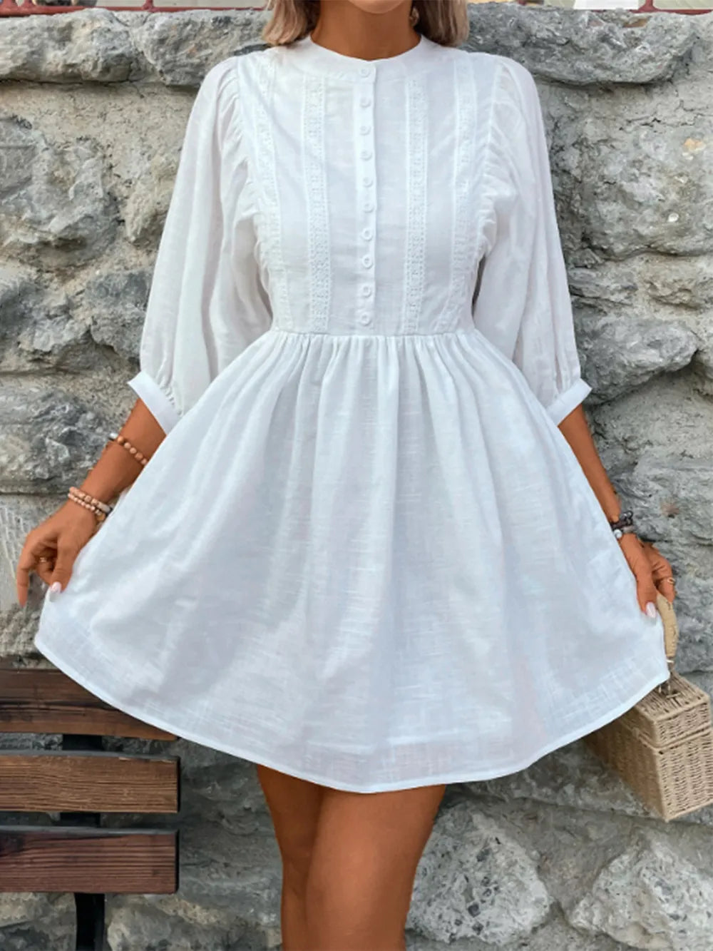 Lace Detail Half Button Three-Quarter Sleeve Dress - V.I.P Digital Presence