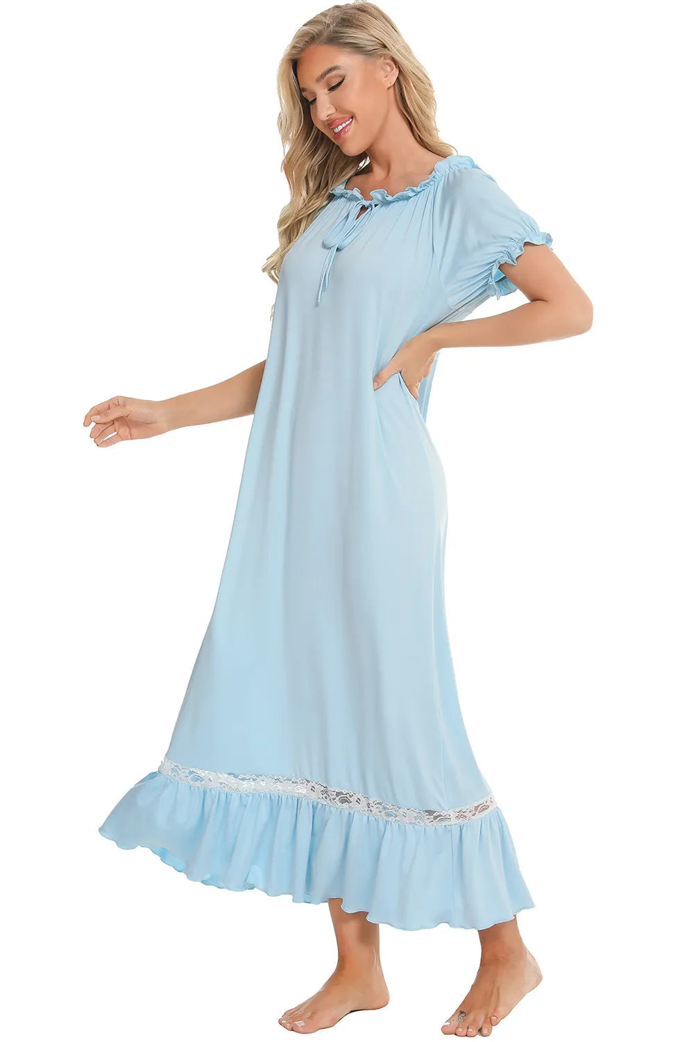Lace Detail Short Sleeve Lounge Dress - V.I.P Digital Presence