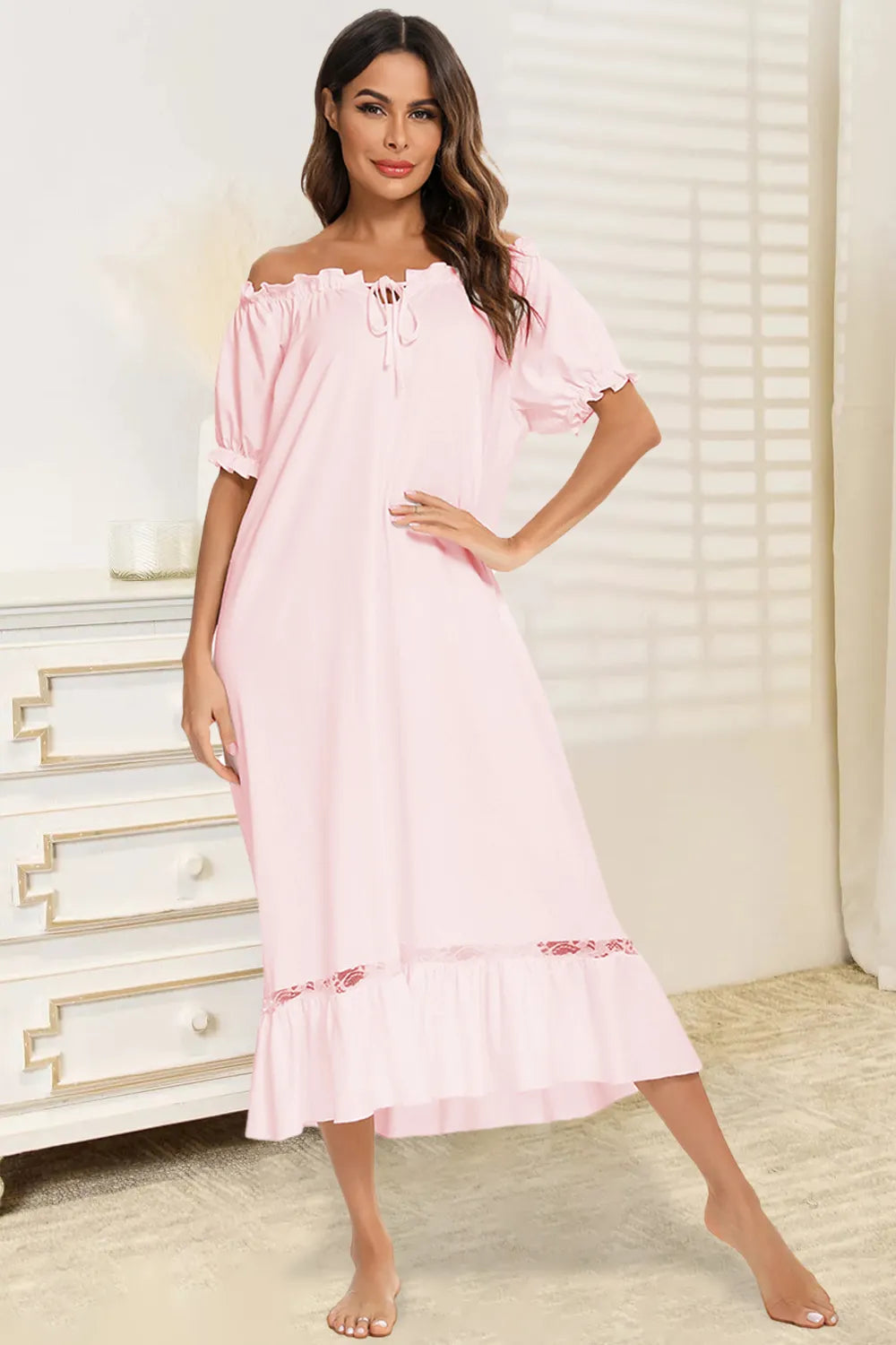 Lace Detail Short Sleeve Lounge Dress - V.I.P Digital Presence