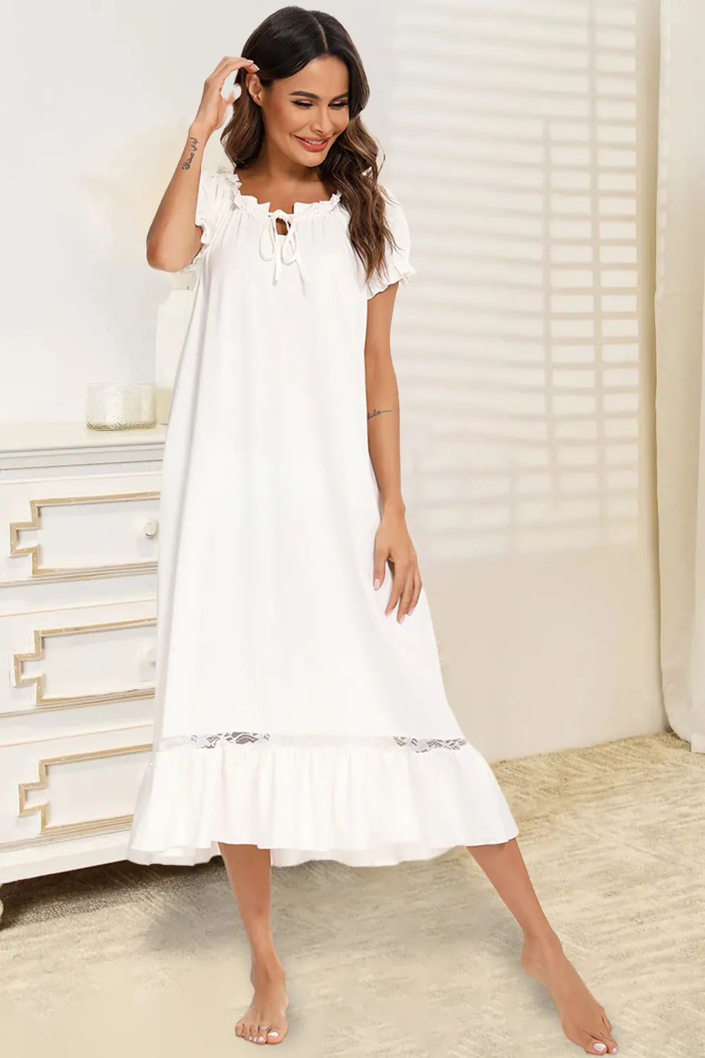 Lace Detail Short Sleeve Lounge Dress - V.I.P Digital Presence