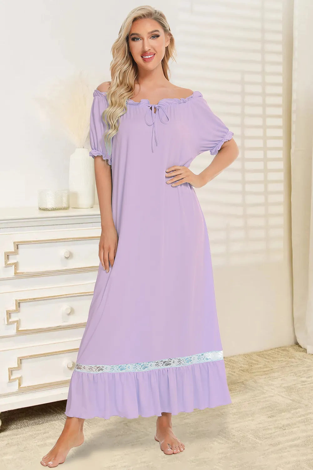 Lace Detail Short Sleeve Lounge Dress - V.I.P Digital Presence