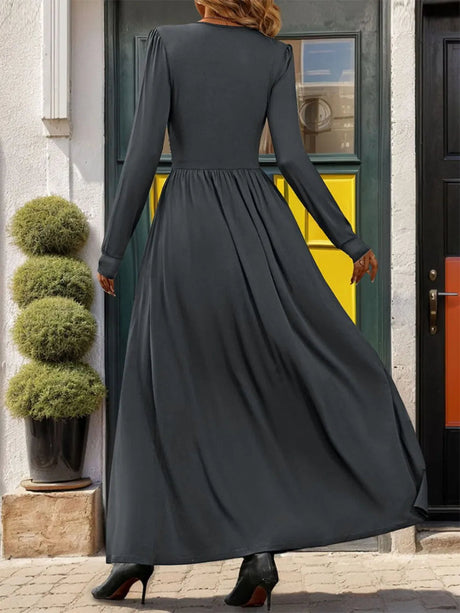 Lace Detail Slit V-Neck Long Sleeve Dress - V.I.P Digital Presence