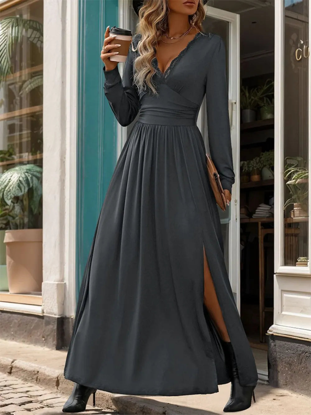 Lace Detail Slit V-Neck Long Sleeve Dress - V.I.P Digital Presence