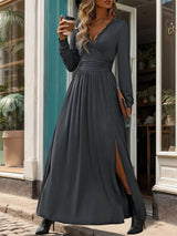 Lace Detail Slit V-Neck Long Sleeve Dress - V.I.P Digital Presence
