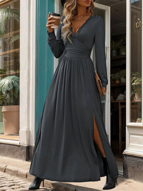 Lace Detail Slit V-Neck Long Sleeve Dress - V.I.P Digital Presence