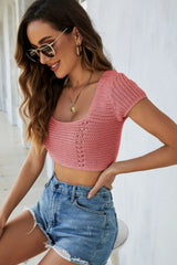 Lace-Up Openwork Square Neck Sweater - V.I.P Digital Presence