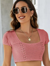 Lace-Up Openwork Square Neck Sweater - V.I.P Digital Presence
