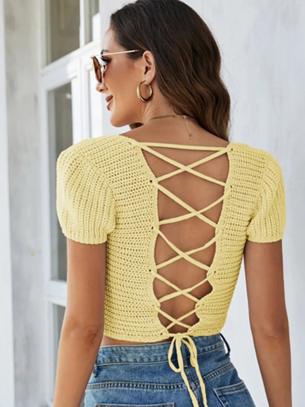 Lace-Up Openwork Square Neck Sweater - V.I.P Digital Presence