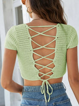 Lace-Up Openwork Square Neck Sweater - V.I.P Digital Presence