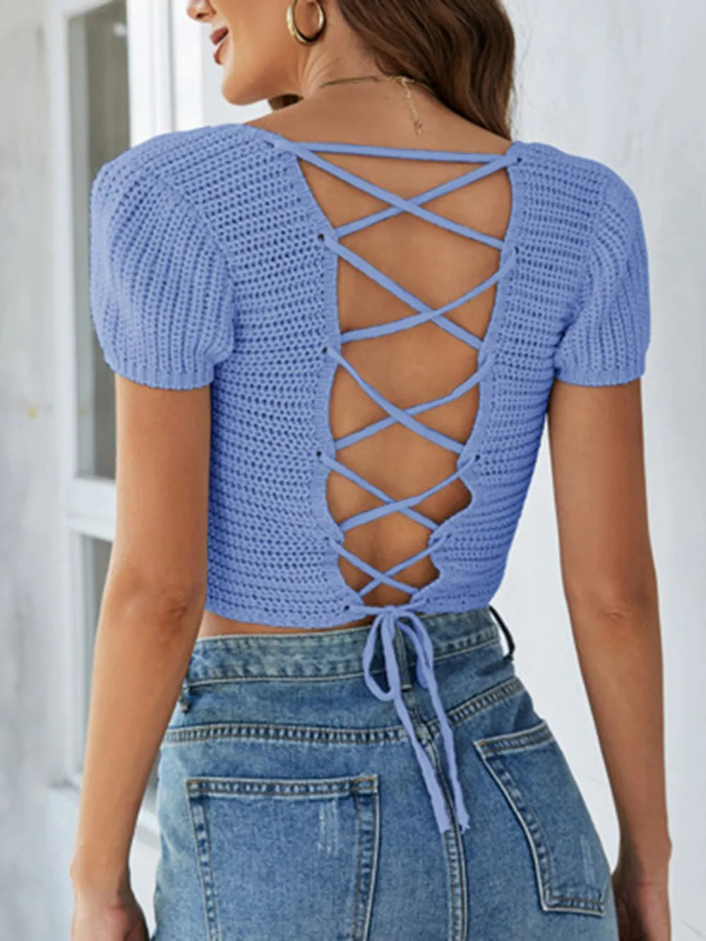 Lace-Up Openwork Square Neck Sweater - V.I.P Digital Presence