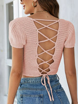 Lace-Up Openwork Square Neck Sweater - V.I.P Digital Presence